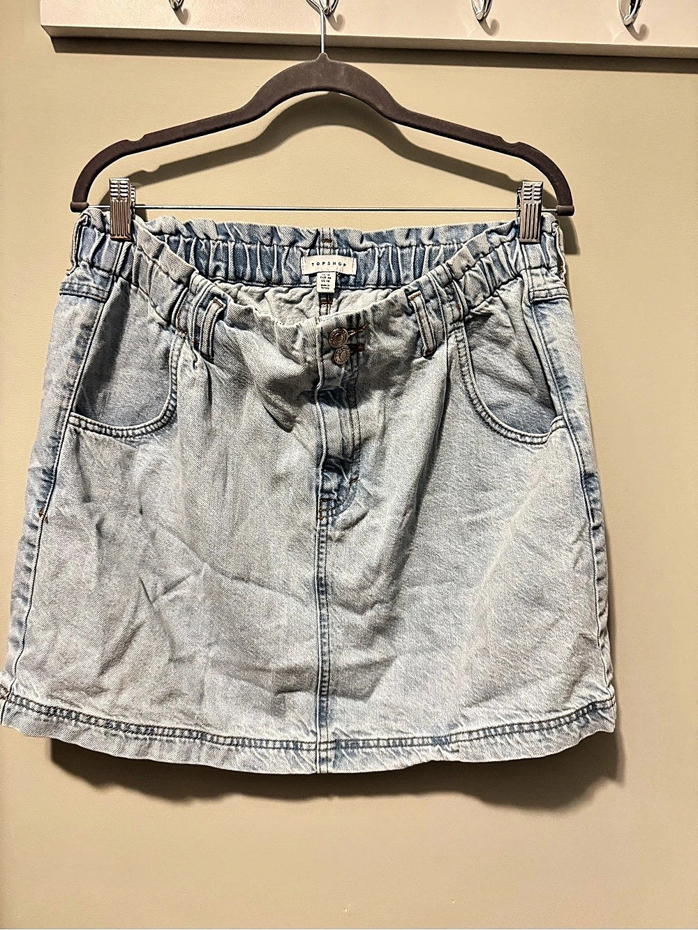 Topshop Paperbag Waist Denim Mini Skirt Blue Waist 14